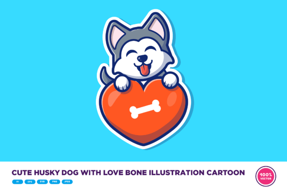 Cute Husky Dog with Love Bone Cartoon