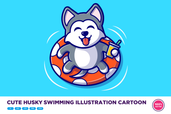 Cute Husky Swimming Illustration Cartoon