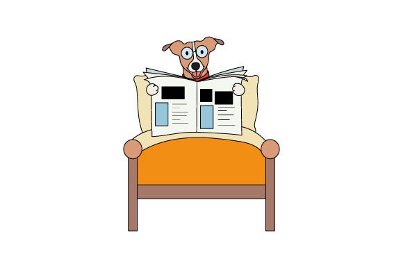Dog Reading Newspaper in Bed