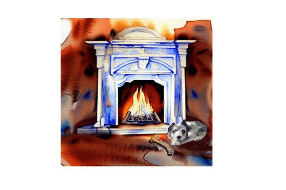 Dog with Bone Laying by the Fireplace - Watercolor