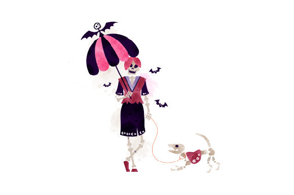 Gothic Girl with a Parasol and a Skeleton Dog Watercolor