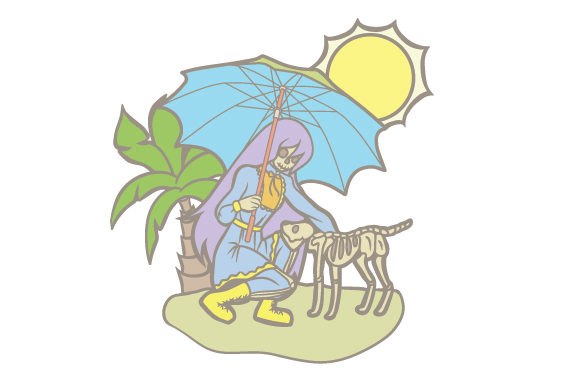 Gothic Girl with a Parasol Petting Skeleton Dog