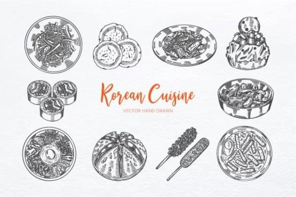 Korean Cuisine Sketch Hand Drawn Vector Set